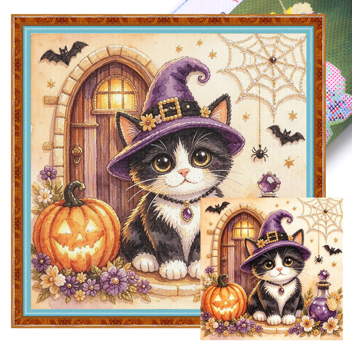 Purple Hat Cow Cat - Full 14CT Stamped Cross Stitch 30x30CM - Huacan