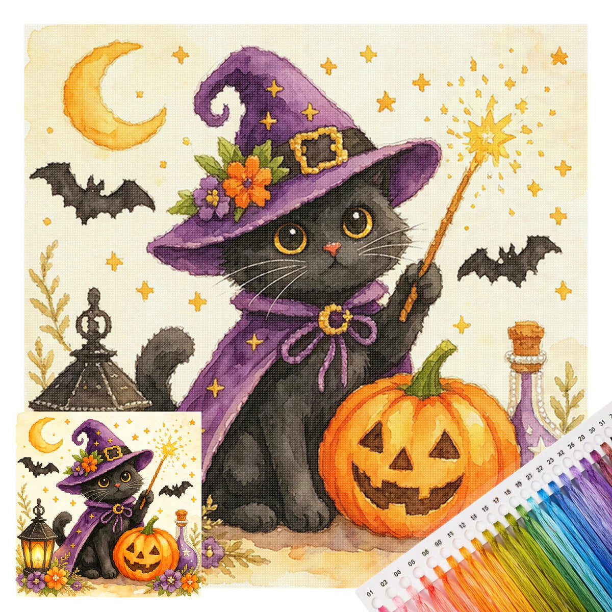Black Cat With Magic Wand - Full 14CT Stamped Cross Stitch 30x30CM - Huacan