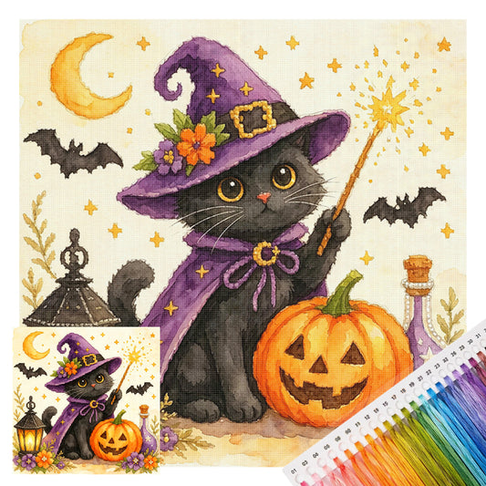 Schwarze Katze mit Zauberstab - Vollständiges 14CT gestempeltes Kreuzstich-Set 30x30CM - Huacan