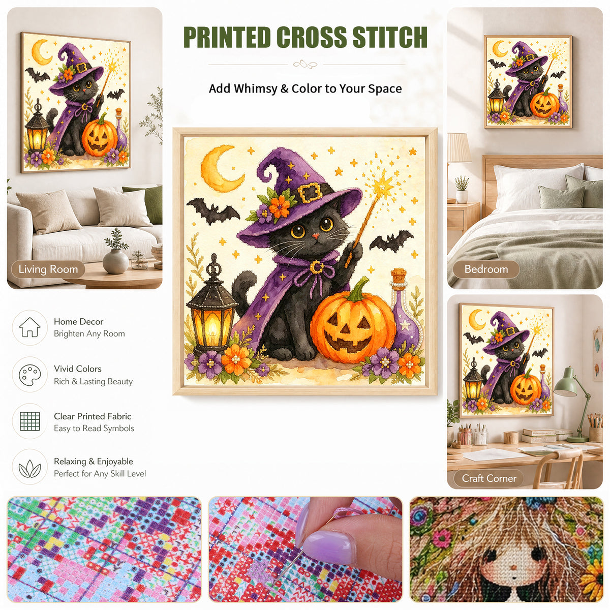 Black Cat With Magic Wand - Full 14CT Stamped Cross Stitch 30x30CM - Huacan