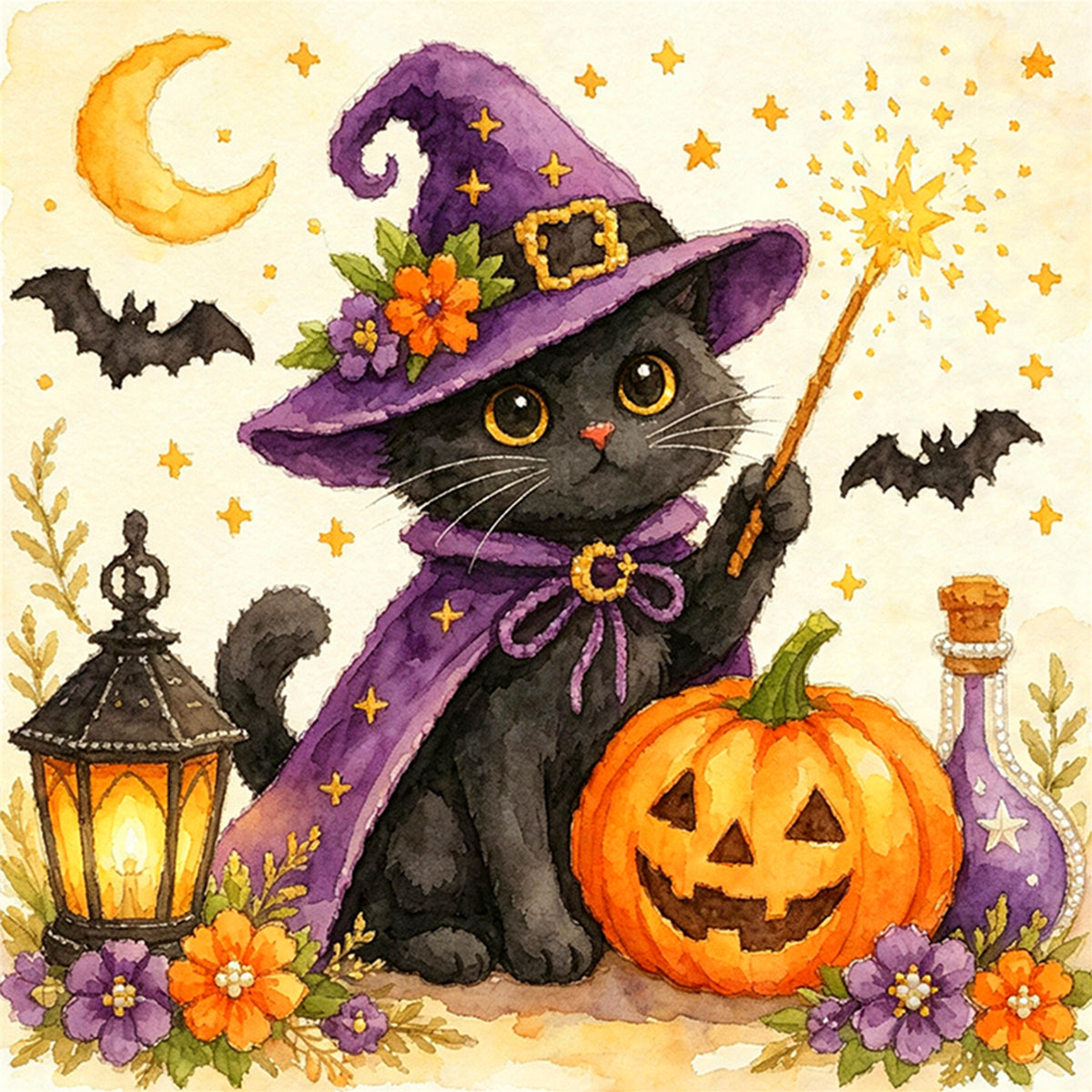 Black Cat With Magic Wand - Full 14CT Stamped Cross Stitch 30x30CM - Huacan