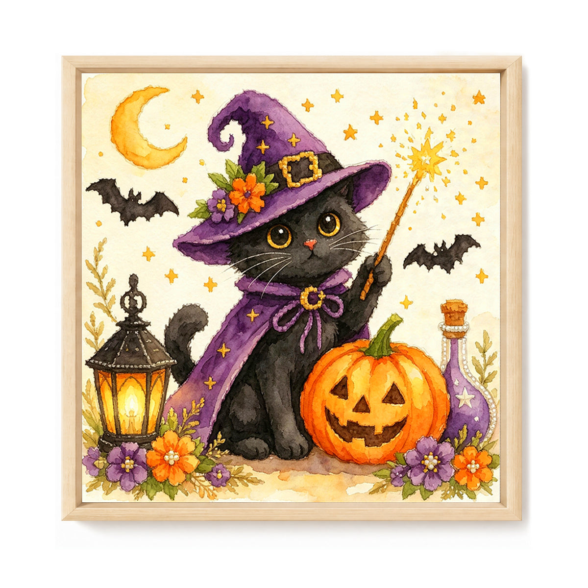 Black Cat With Magic Wand - Full 14CT Stamped Cross Stitch 30x30CM - Huacan