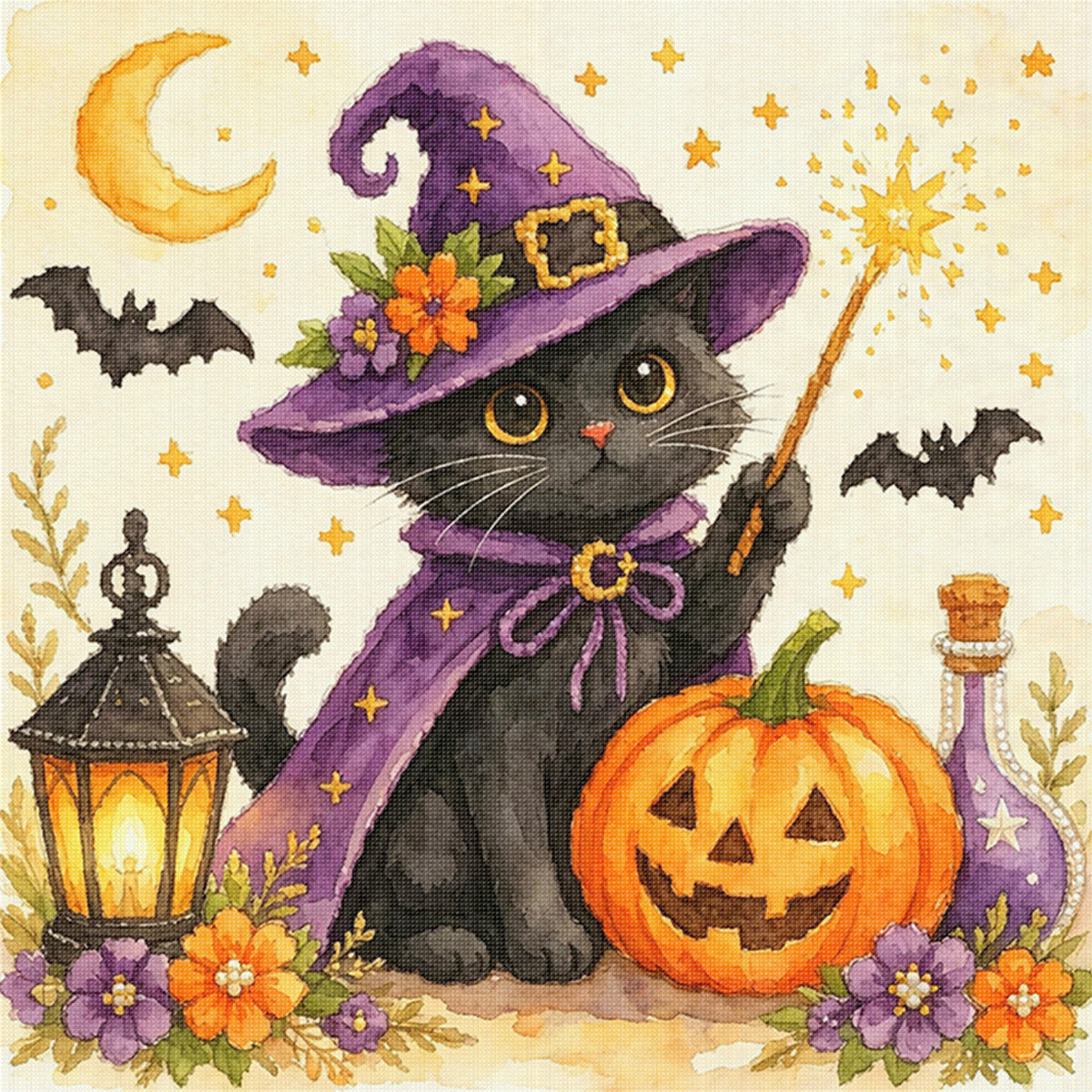 Black Cat With Magic Wand - Full 14CT Stamped Cross Stitch 30x30CM - Huacan