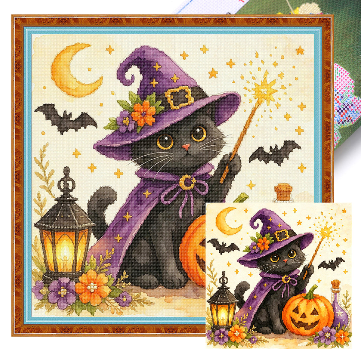 Black Cat With Magic Wand - Full 14CT Stamped Cross Stitch 30x30CM - Huacan
