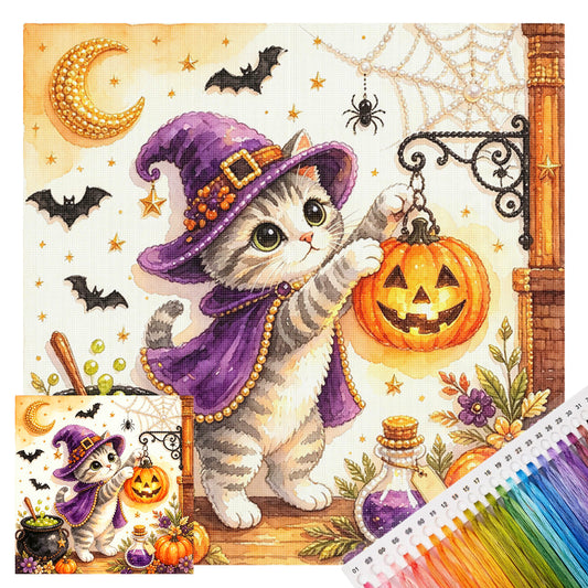 Getigerte Katze und Geist - Vollständiges 14CT gestempeltes Kreuzstich-Set 30x30cm - Huacan