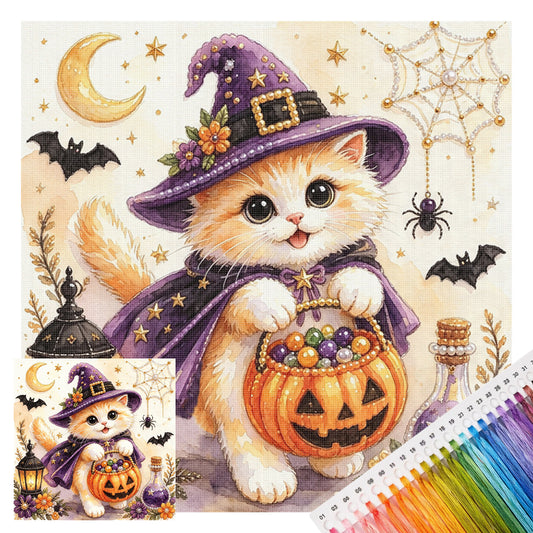 Langhaarige Katze mit Kürbis-Süßigkeiten - Vollständiges 14CT gestempeltes Kreuzstich-Set 30x30CM - Huacan