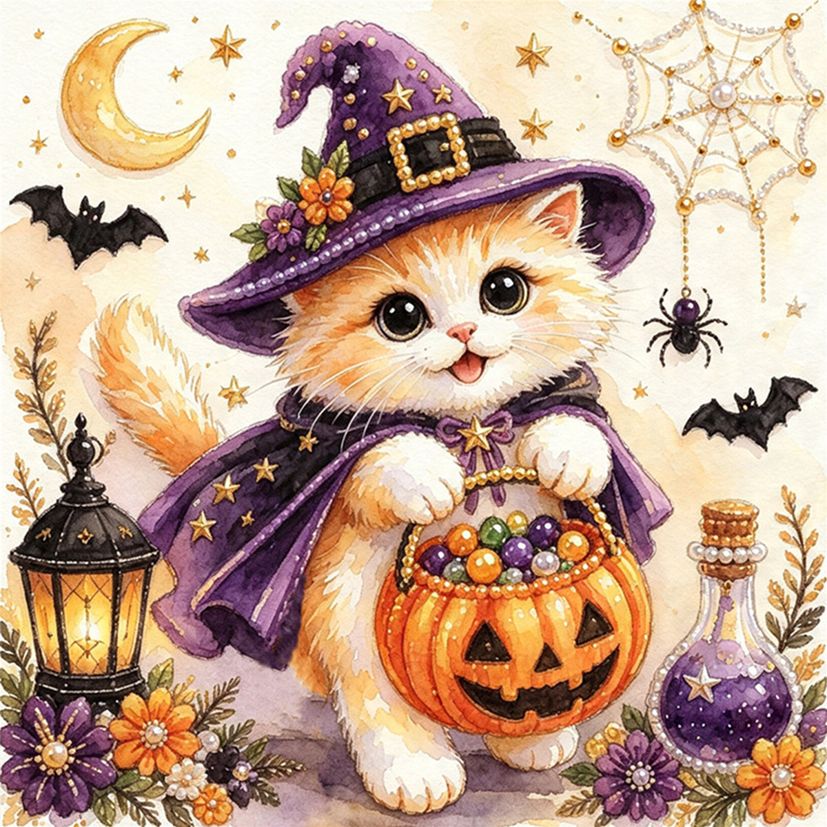 Langhaarige Katze mit Kürbis-Süßigkeiten - Vollständiges 14CT gestempeltes Kreuzstich-Set 30x30CM - Huacan