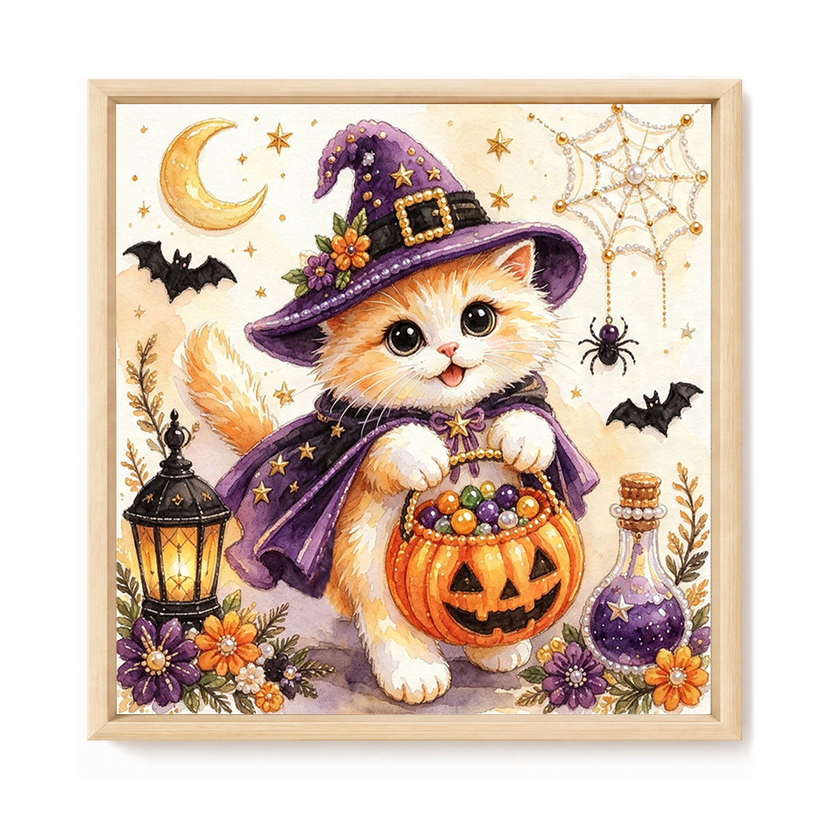 Langhaarige Katze mit Kürbis-Süßigkeiten - Vollständiges 14CT gestempeltes Kreuzstich-Set 30x30CM - Huacan