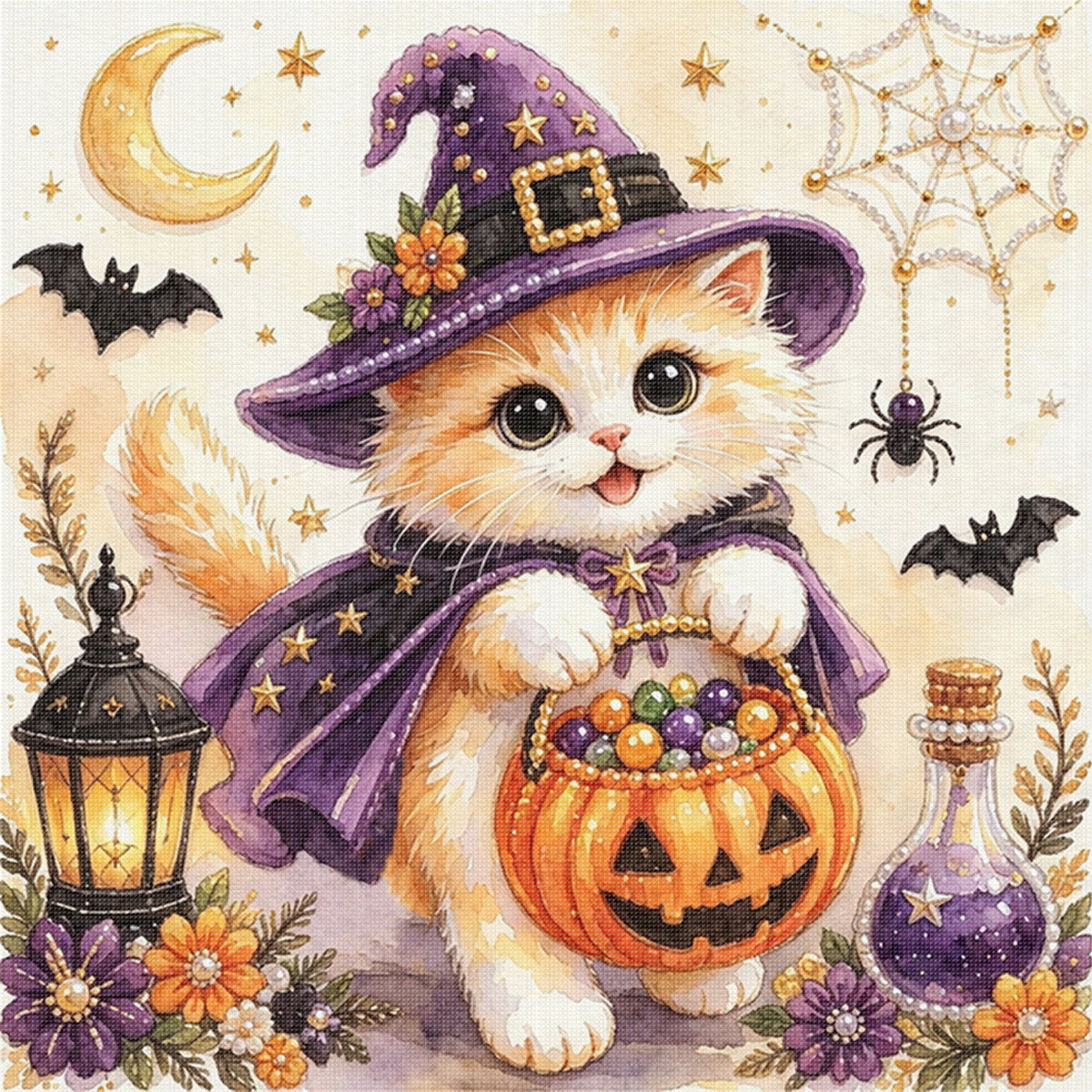 Langhaarige Katze mit Kürbis-Süßigkeiten - Vollständiges 14CT gestempeltes Kreuzstich-Set 30x30CM - Huacan