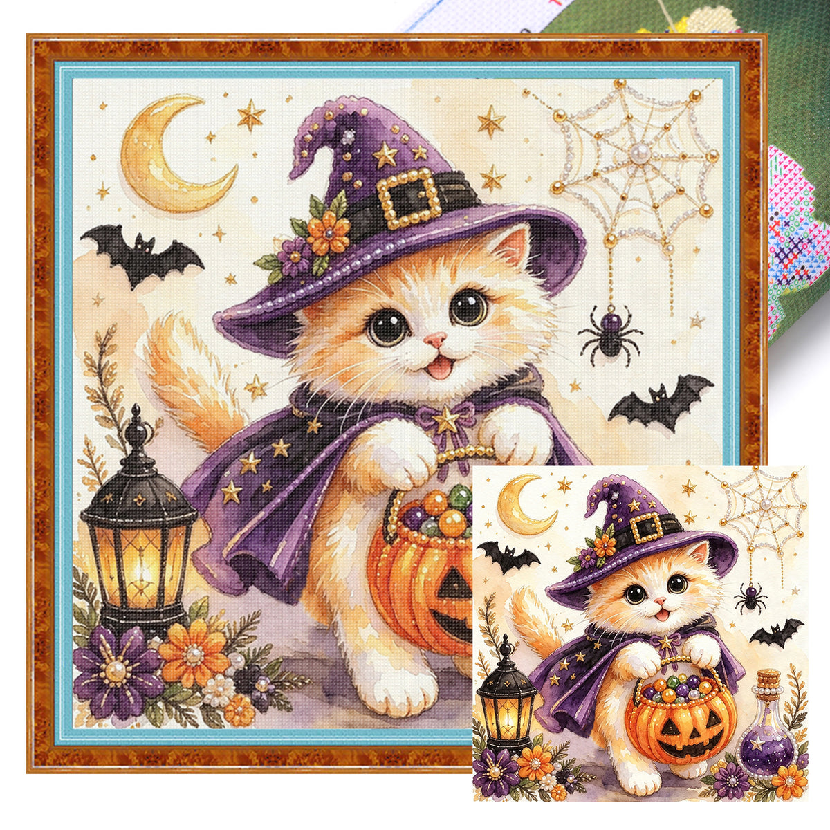 Langhaarige Katze mit Kürbis-Süßigkeiten - Vollständiges 14CT gestempeltes Kreuzstich-Set 30x30CM - Huacan