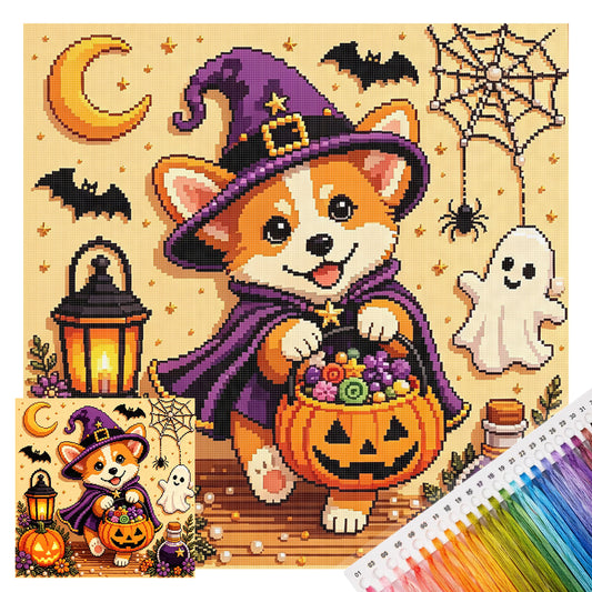 Corgi-Hexenhund – Vollständiges 14CT-Stempel-Kreuzstich-Set 30x30CM – Huacan