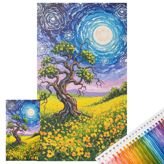 Wiese einzelner Baum – Vollständiges 11CT Stempel-Kreuzstich-Set 40x70CM – Huacan