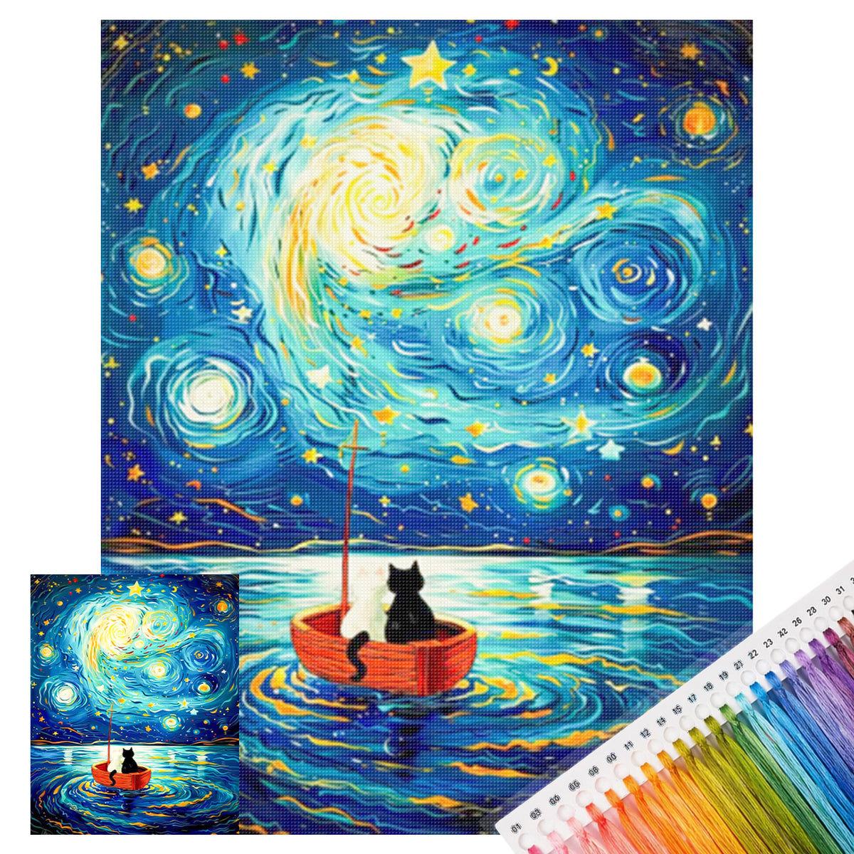 Schwarze Katze auf Boot in sternenklarer Nacht - Vollständiges 11CT gestempeltes Kreuzstich-Set 40x50CM - Huacan