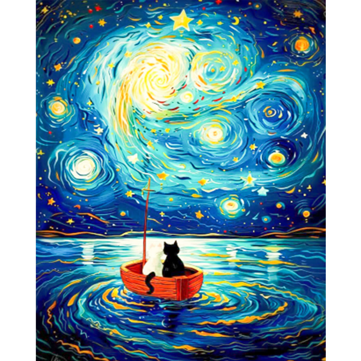 Schwarze Katze auf Boot in sternenklarer Nacht - Vollständiges 11CT gestempeltes Kreuzstich-Set 40x50CM - Huacan