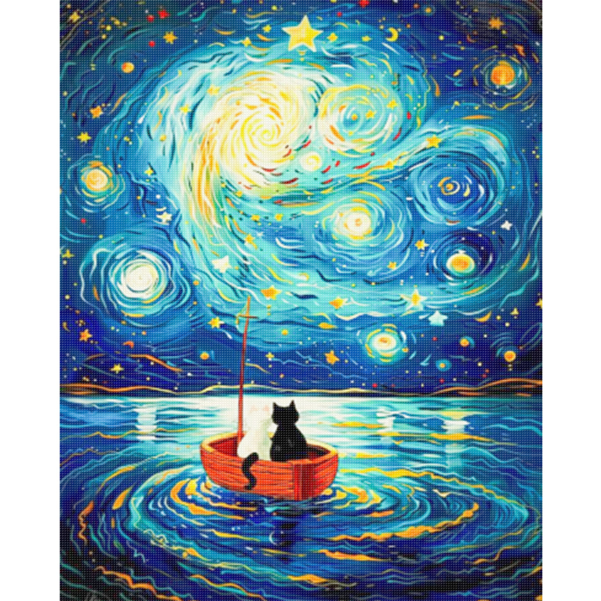 Schwarze Katze auf Boot in sternenklarer Nacht - Vollständiges 11CT gestempeltes Kreuzstich-Set 40x50CM - Huacan