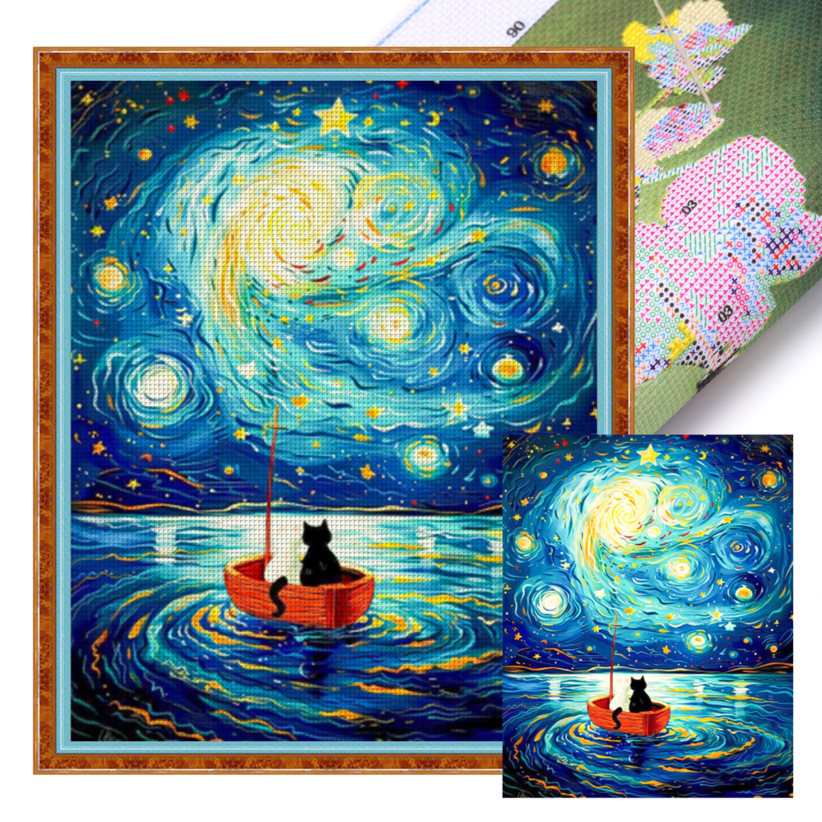 Schwarze Katze auf Boot in sternenklarer Nacht - Vollständiges 11CT gestempeltes Kreuzstich-Set 40x50CM - Huacan