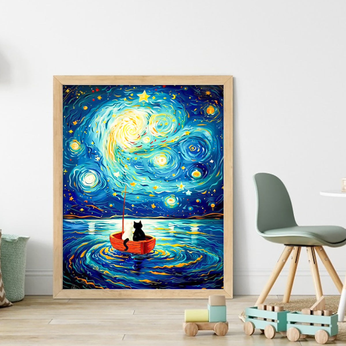 Schwarze Katze auf Boot in sternenklarer Nacht - Vollständiges 11CT gestempeltes Kreuzstich-Set 40x50CM - Huacan
