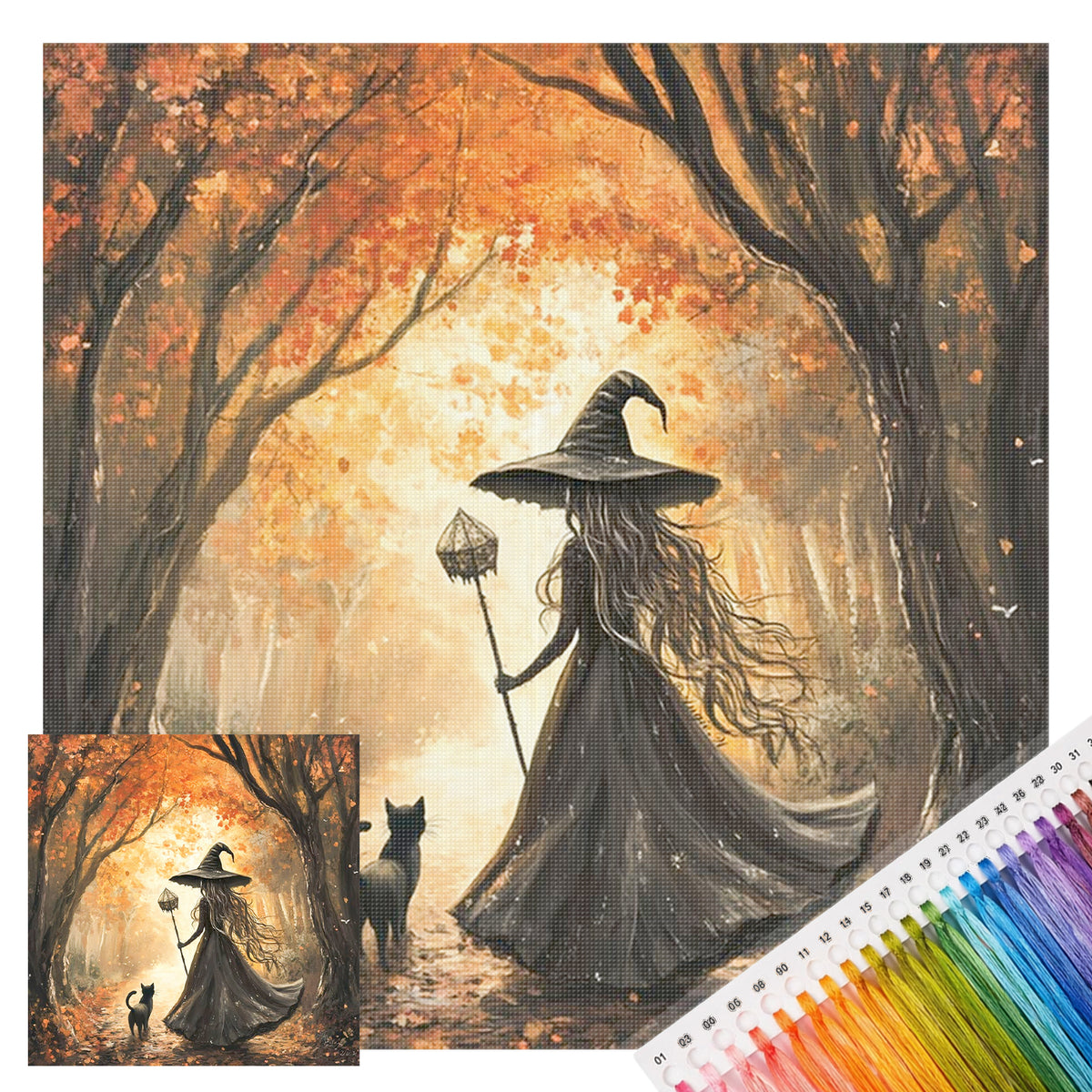 Hexe und schwarze Katze im Wald – Vollständiges 11CT Stempel-Stickpackung 40x40CM – Huacan