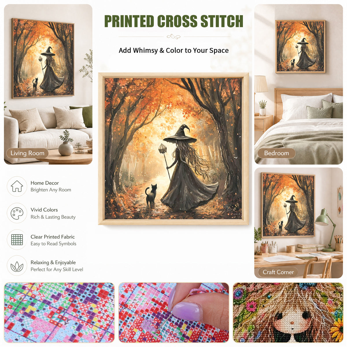 Hexe und schwarze Katze im Wald – Vollständiges 11CT Stempel-Stickpackung 40x40CM – Huacan