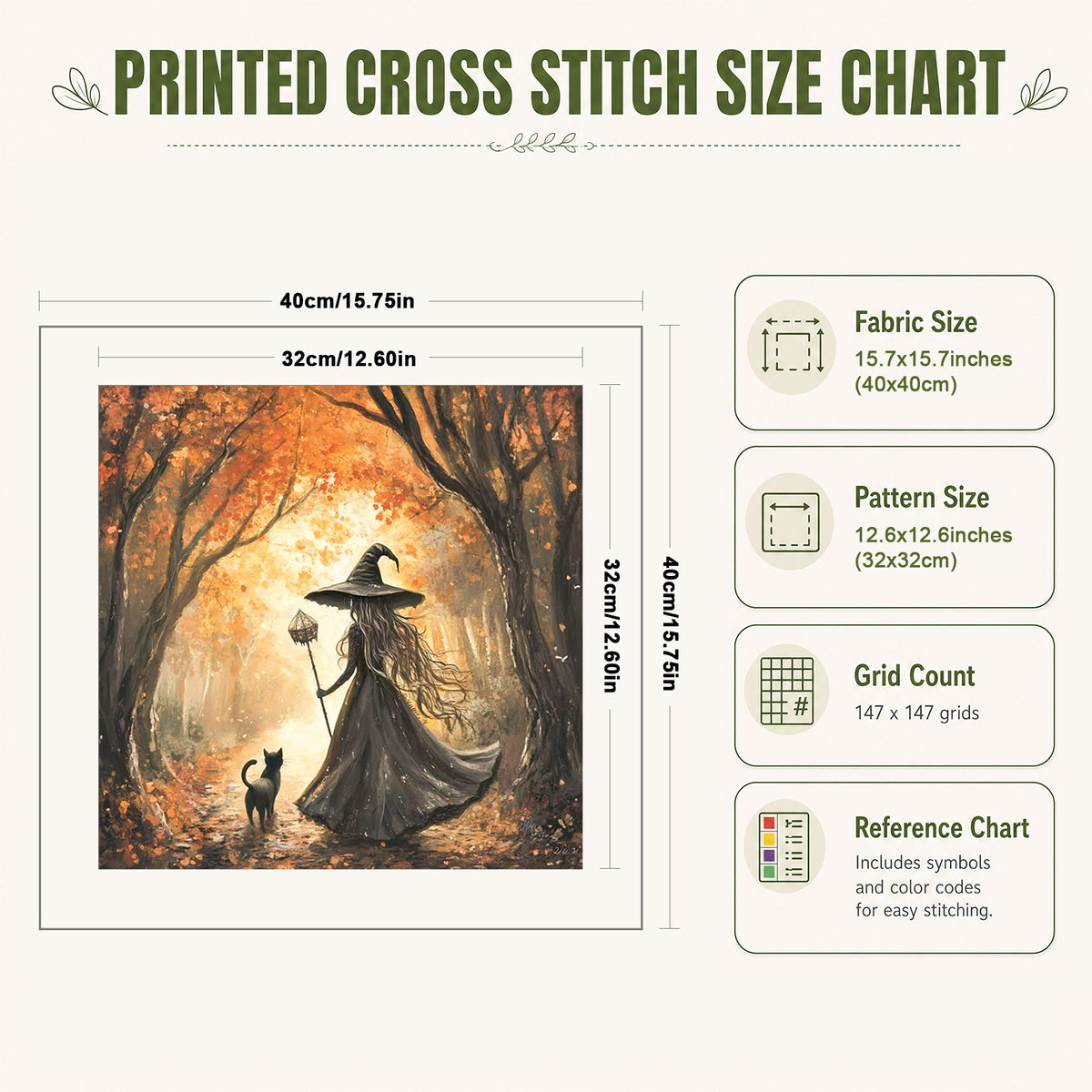 Hexe und schwarze Katze im Wald – Vollständiges 11CT Stempel-Stickpackung 40x40CM – Huacan