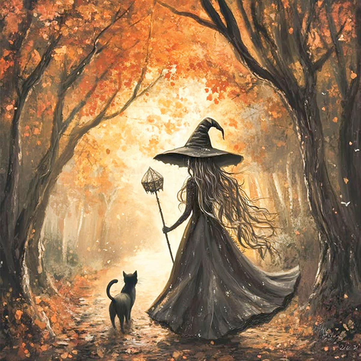 Hexe und schwarze Katze im Wald – Vollständiges 11CT Stempel-Stickpackung 40x40CM – Huacan
