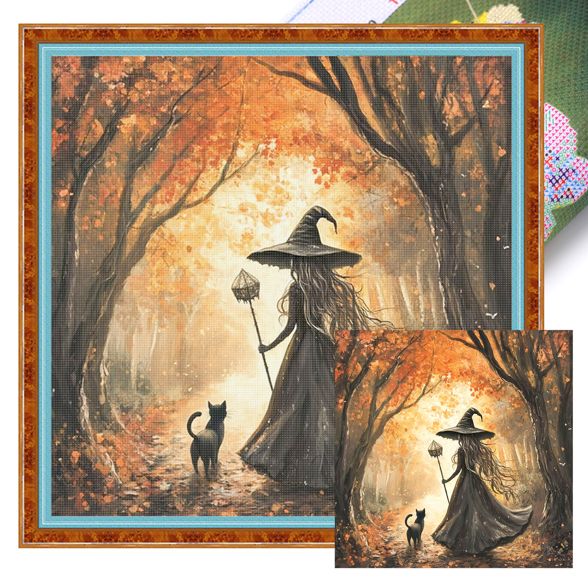 Hexe und schwarze Katze im Wald – Vollständiges 11CT Stempel-Stickpackung 40x40CM – Huacan