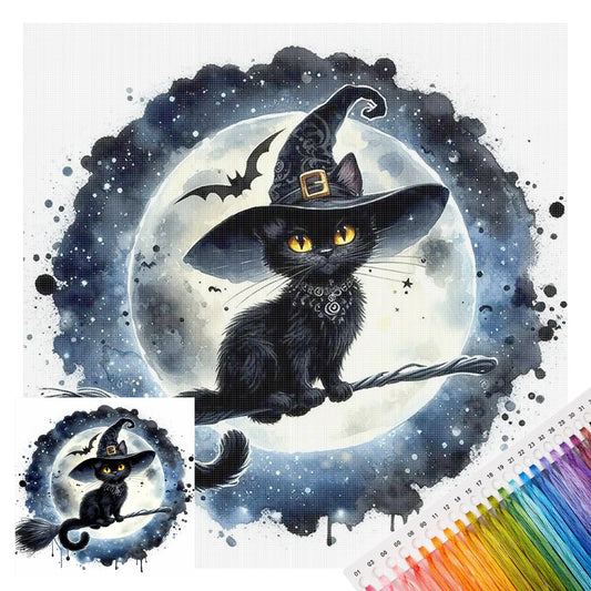 Fliegende schwarze Katze unter dem Mond - Komplettes 11CT gestempeltes Kreuzstich-Set 40x40CM - Huacan
