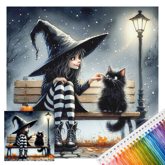 Hexe neckt schwarze Katze auf Bank - Vollständiges 11CT Stempel-Kreuzstichset 40x40CM - Huacan