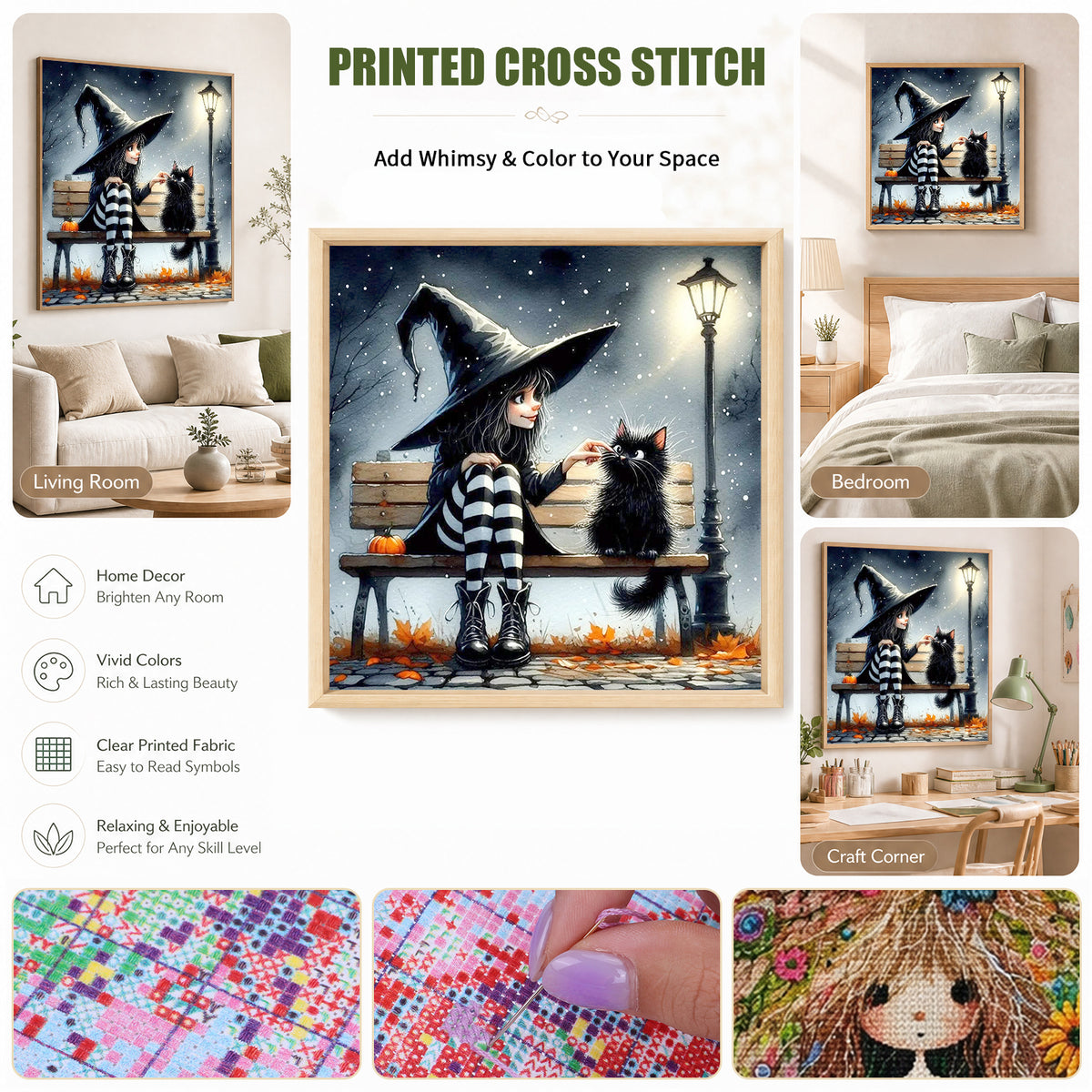 Witch Teasing Black Cat On Bench - Full 11CT Stamped Cross Stitch 40x40CM - Huacan