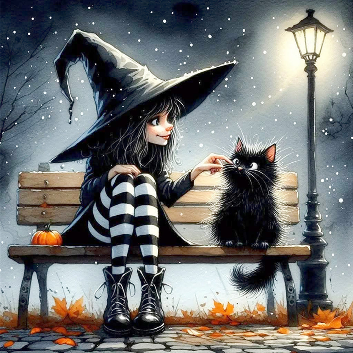 Witch Teasing Black Cat On Bench - Full 11CT Stamped Cross Stitch 40x40CM - Huacan