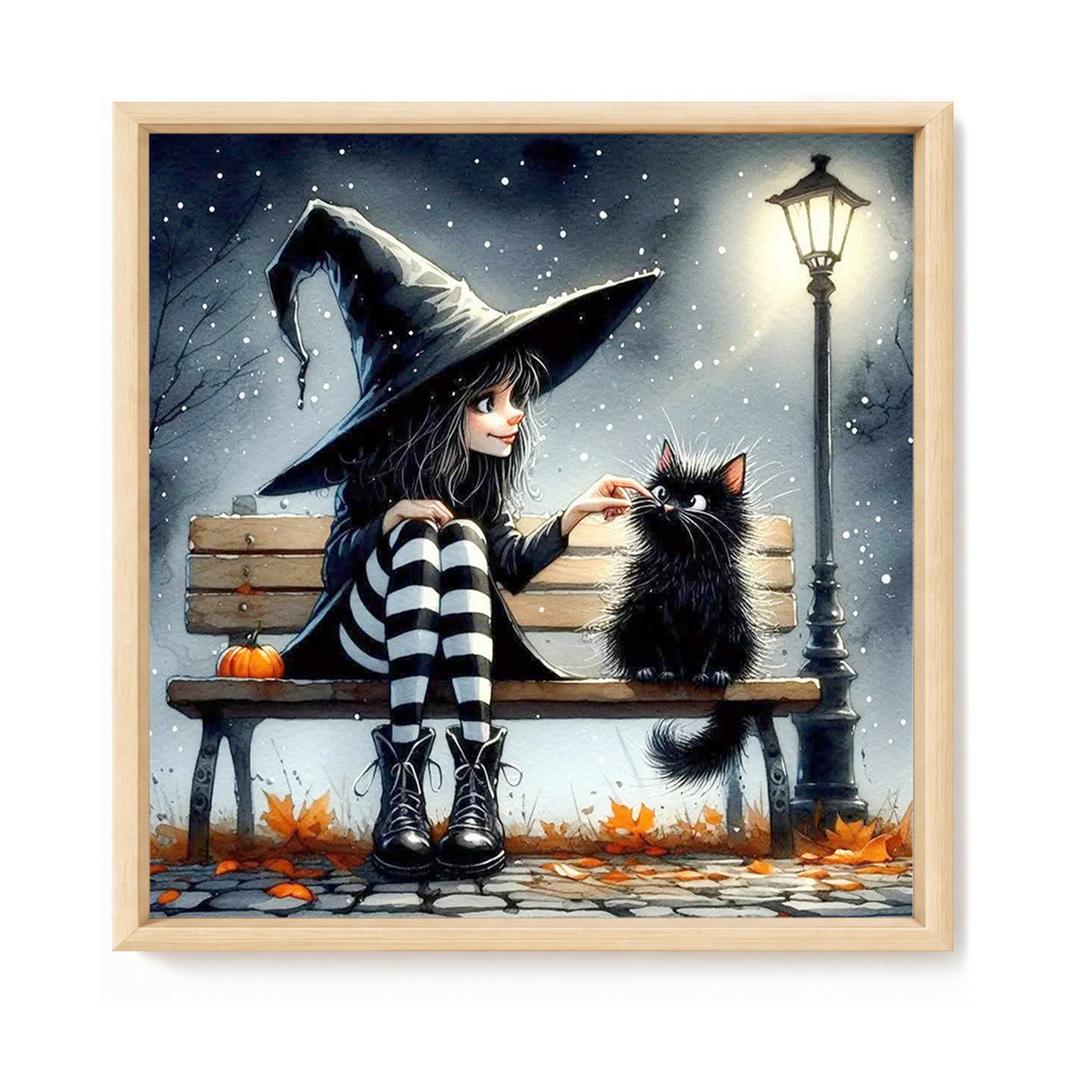 Witch Teasing Black Cat On Bench - Full 11CT Stamped Cross Stitch 40x40CM - Huacan