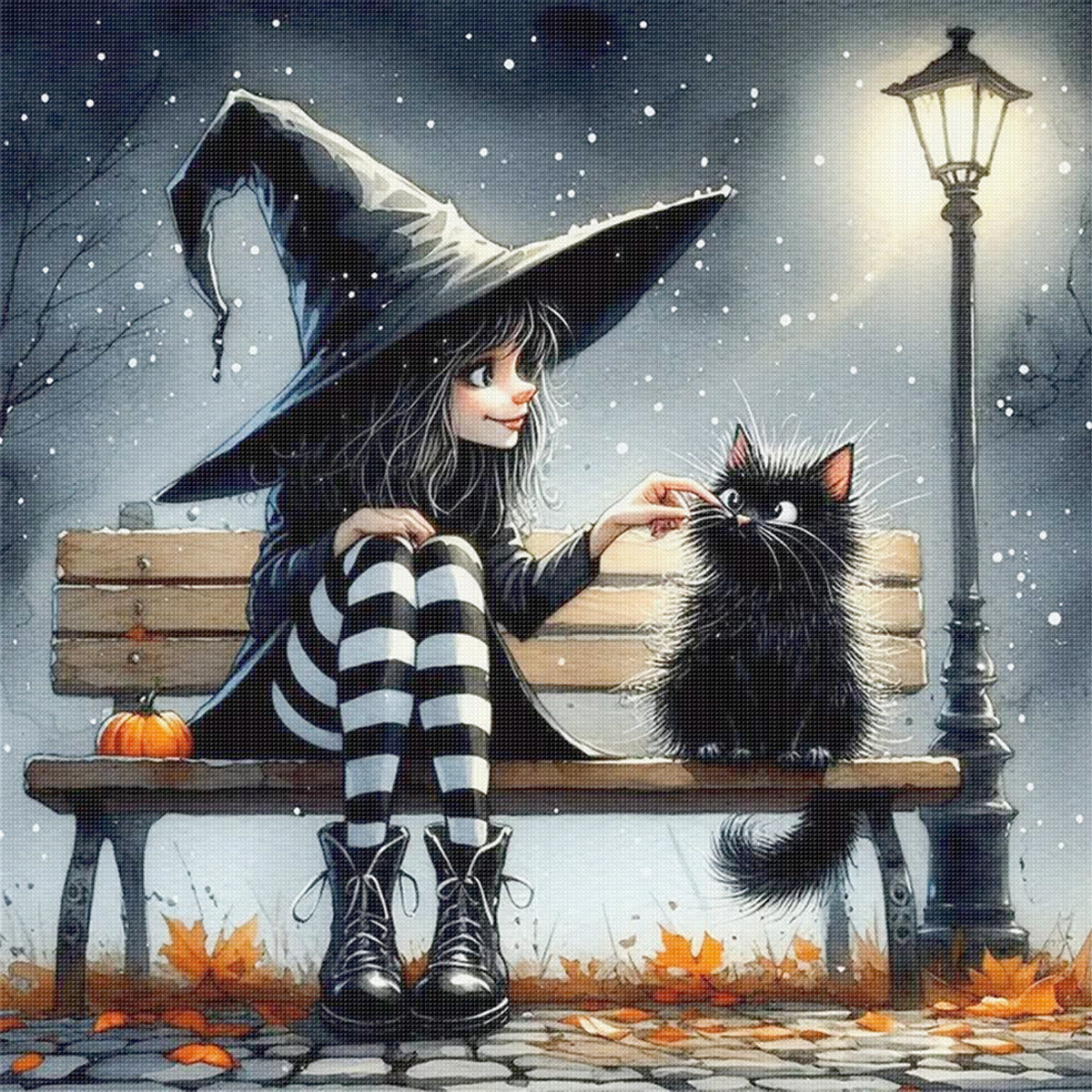 Witch Teasing Black Cat On Bench - Full 11CT Stamped Cross Stitch 40x40CM - Huacan
