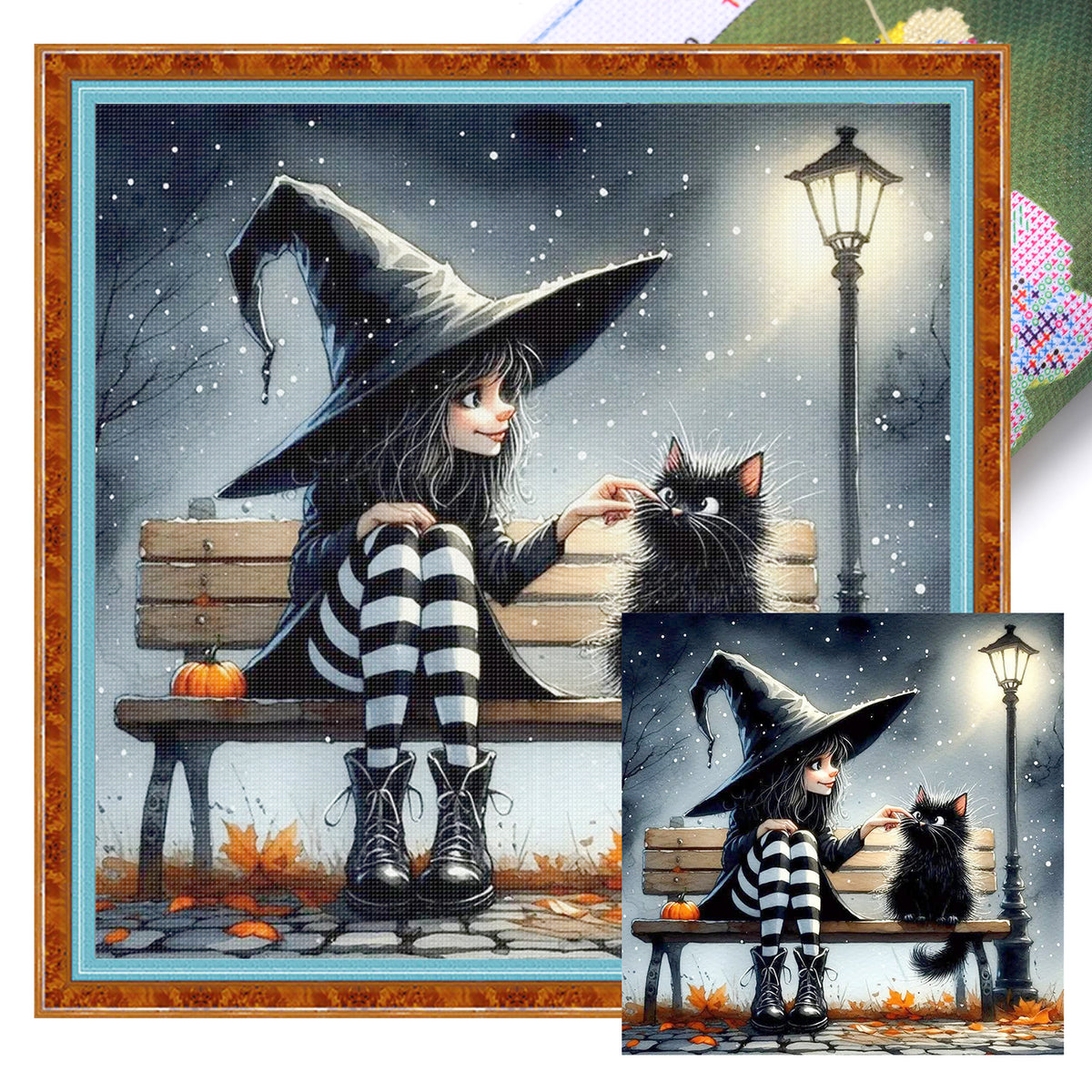 Witch Teasing Black Cat On Bench - Full 11CT Stamped Cross Stitch 40x40CM - Huacan