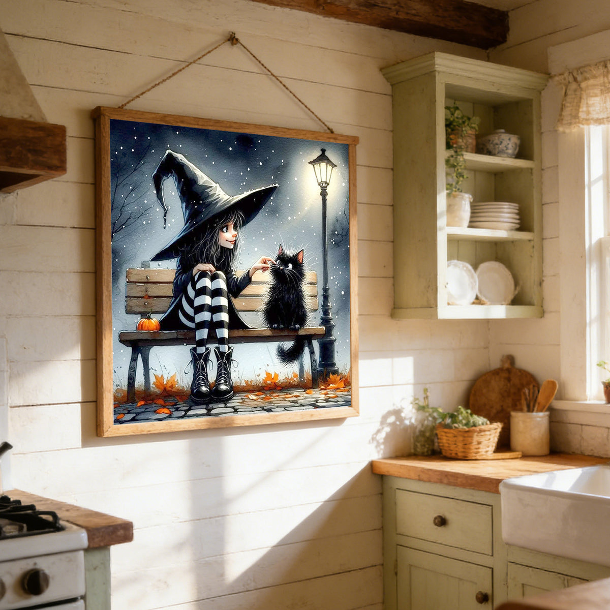 Witch Teasing Black Cat On Bench - Full 11CT Stamped Cross Stitch 40x40CM - Huacan