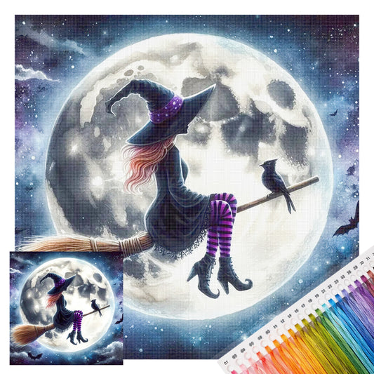 Hexe auf Besen unter Mond - Vollständiges 11CT Stempel-Kreuzstich-Set 40x40CM - Huacan