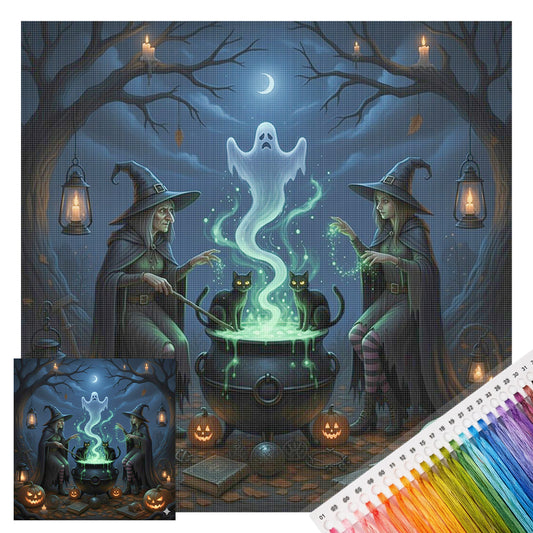 Zwei Hexen brauen Zaubertrank - Vollständiges 11CT gestempeltes Kreuzstich-Set 40x40CM - Huacan