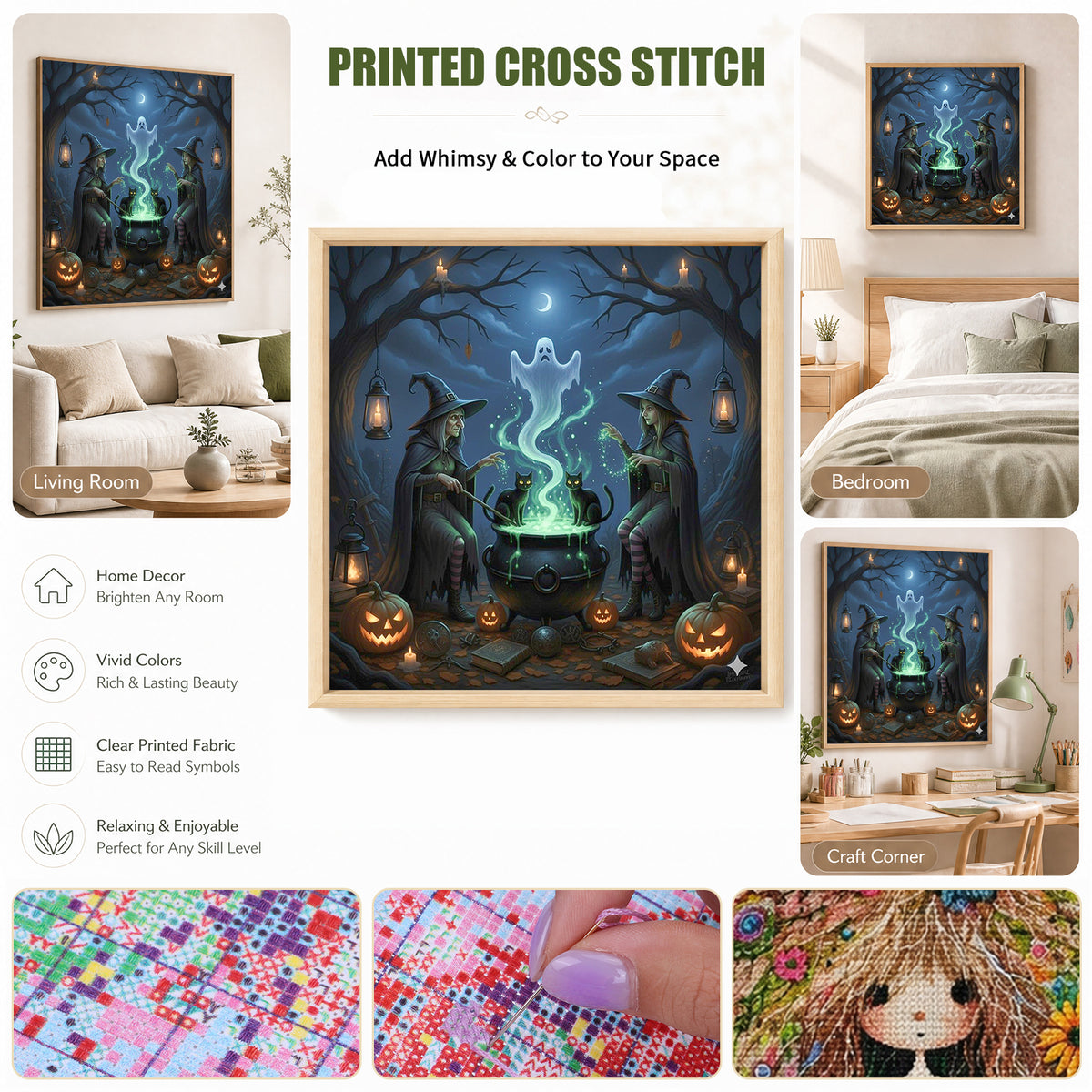 Two Witches Brewing Magic Potion - Full 11CT Stamped Cross Stitch 40x40CM - Huacan
