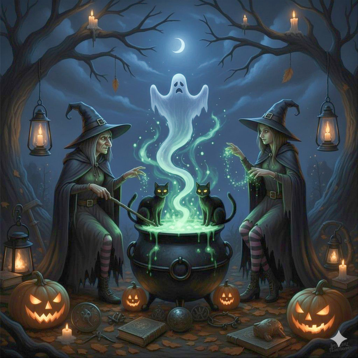 Two Witches Brewing Magic Potion - Full 11CT Stamped Cross Stitch 40x40CM - Huacan