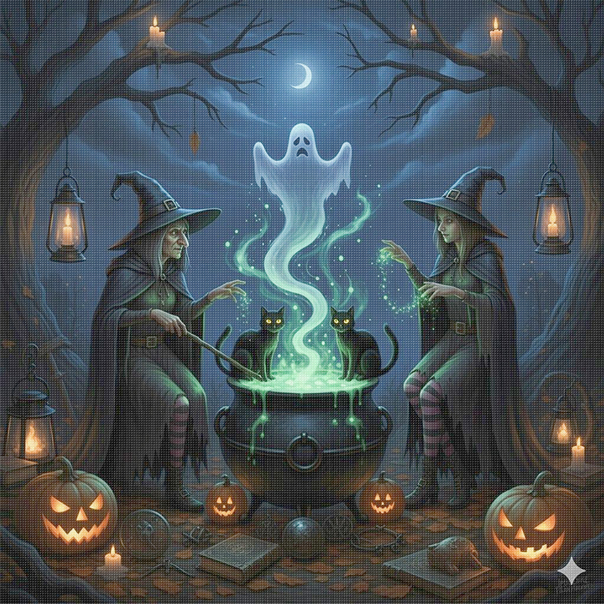 Two Witches Brewing Magic Potion - Full 11CT Stamped Cross Stitch 40x40CM - Huacan