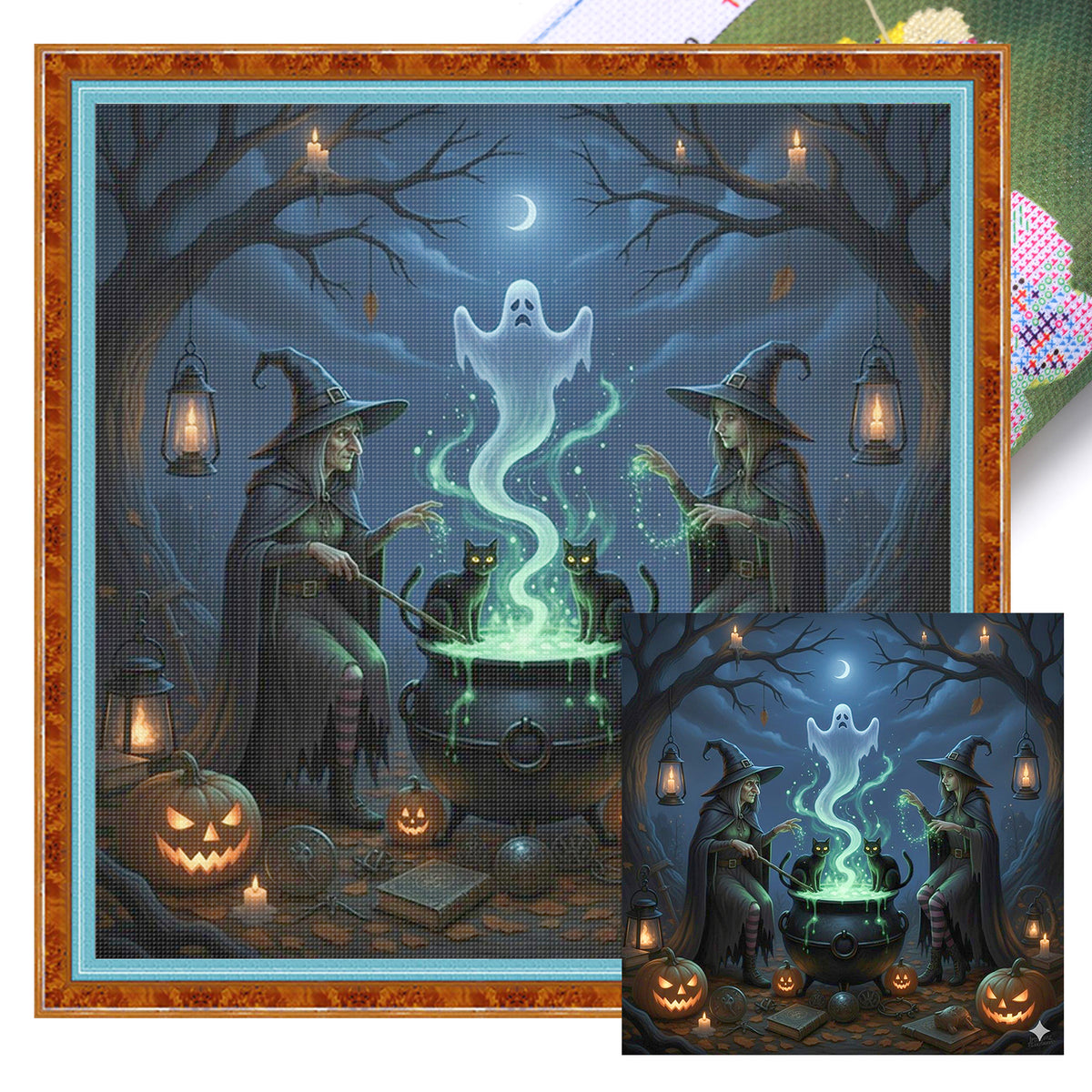 Two Witches Brewing Magic Potion - Full 11CT Stamped Cross Stitch 40x40CM - Huacan