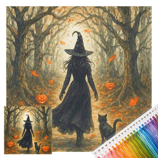 Einsame Hexe im Kürbiswald - Vollständiges 11CT Stempel-Kreuzstich-Set 40x40CM - Huacan