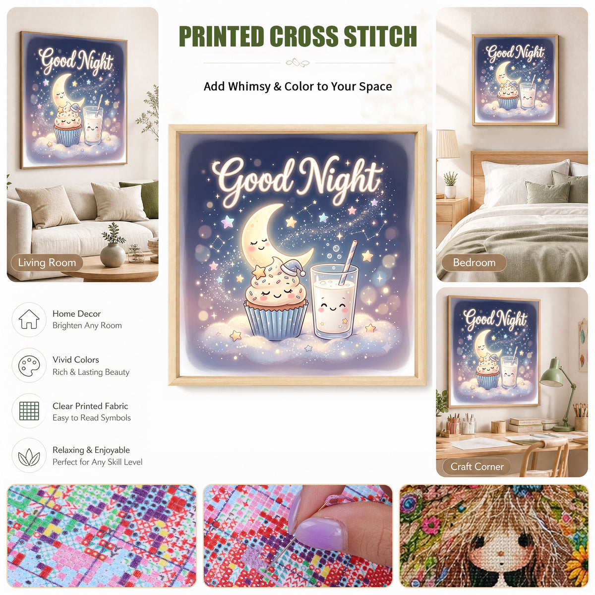 Goodnight Cupcake - Full 11CT Stamped Cross Stitch 40x40CM - Huacan