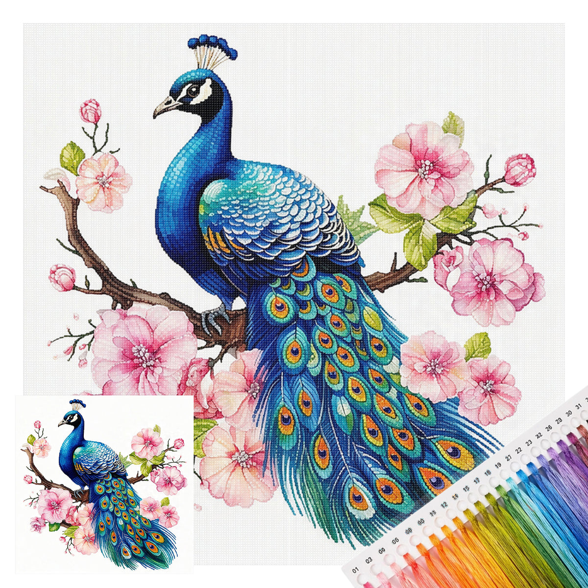 Pfau mit Blumenzweigen - Vollständiges 14CT Stempel-Kreuzstich-Set 30x30CM - Huacan