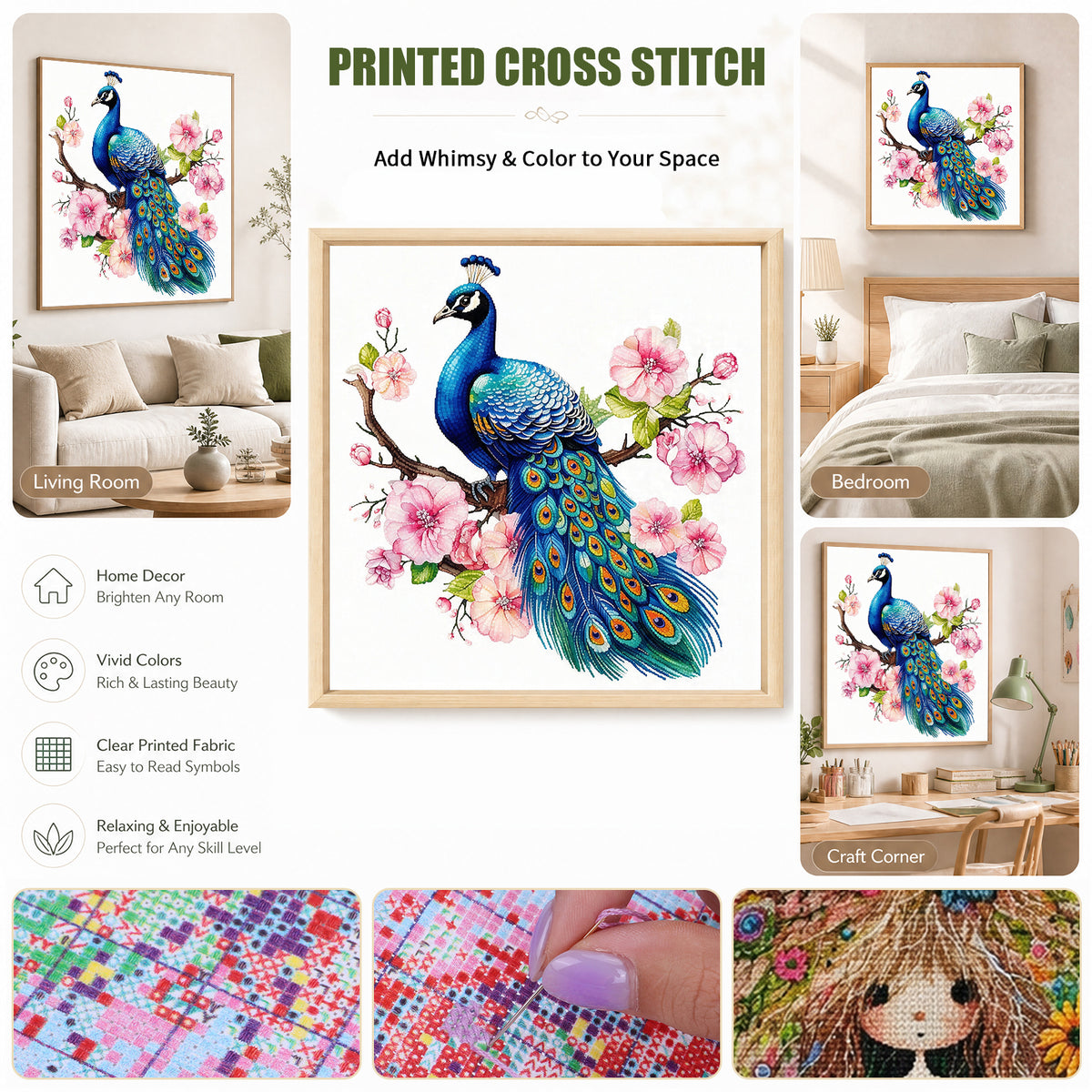 Pfau mit Blumenzweigen - Vollständiges 14CT Stempel-Kreuzstich-Set 30x30CM - Huacan