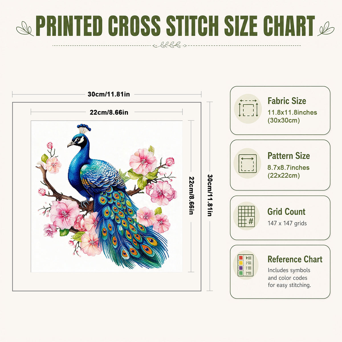 Pfau mit Blumenzweigen - Vollständiges 14CT Stempel-Kreuzstich-Set 30x30CM - Huacan
