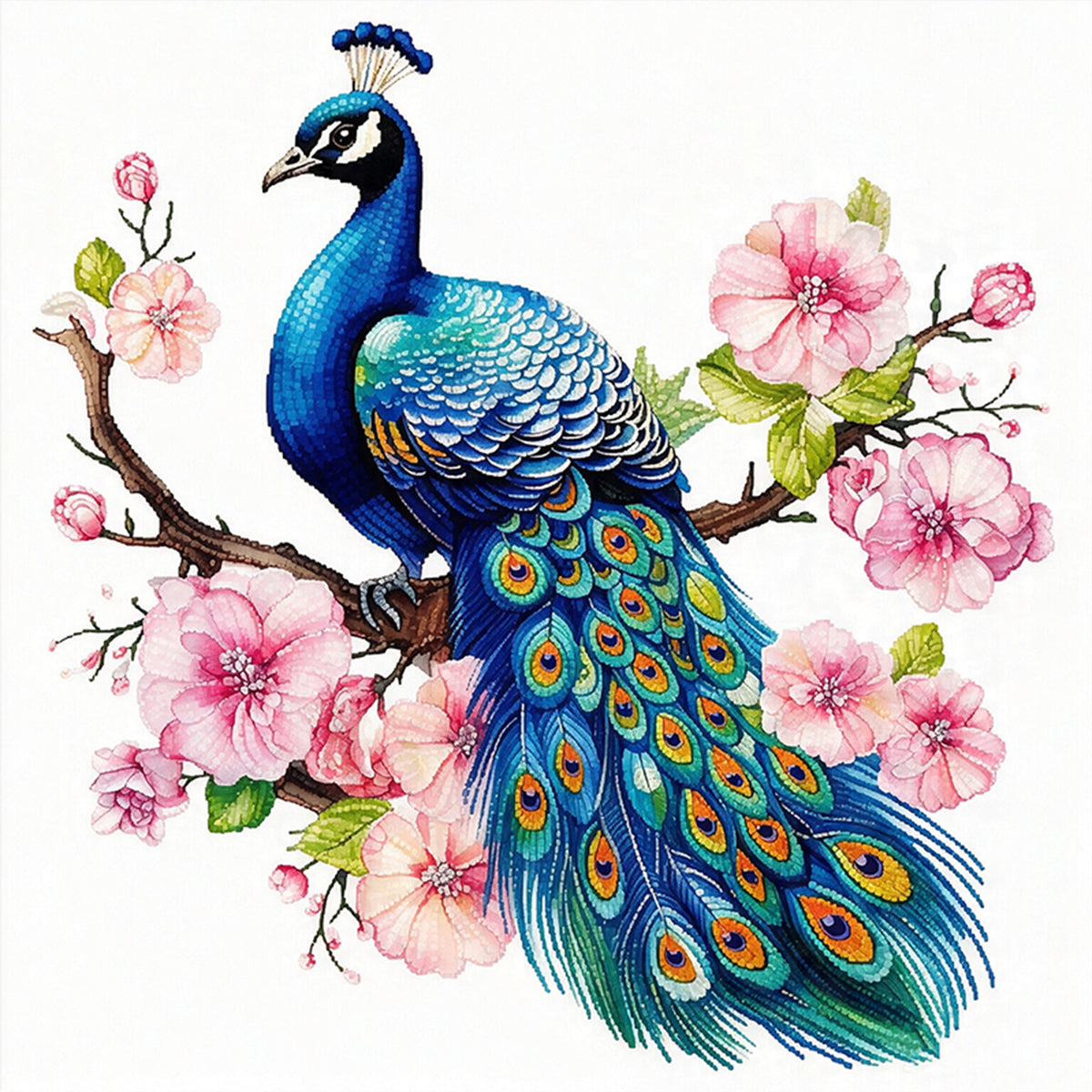 Pfau mit Blumenzweigen - Vollständiges 14CT Stempel-Kreuzstich-Set 30x30CM - Huacan