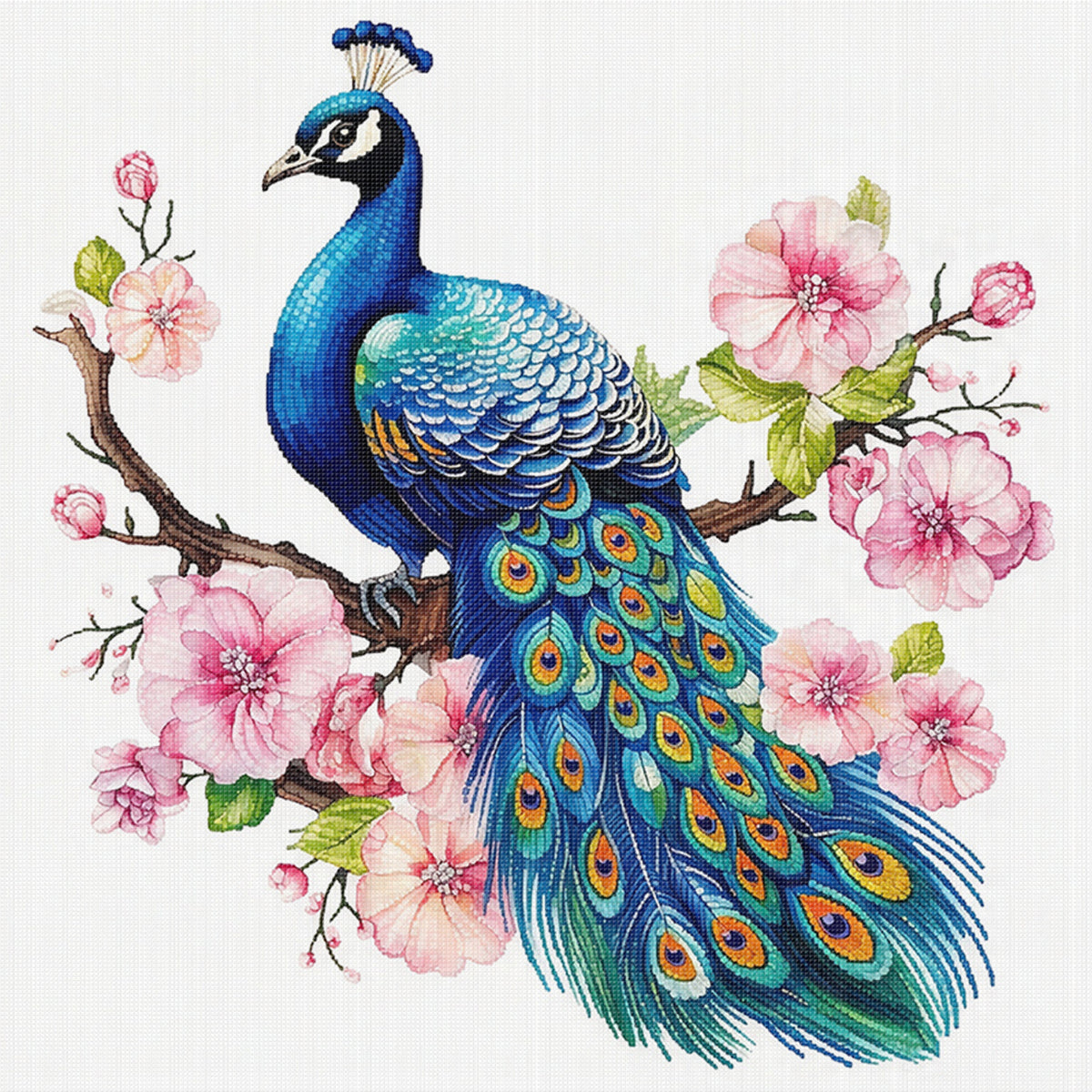 Pfau mit Blumenzweigen - Vollständiges 14CT Stempel-Kreuzstich-Set 30x30CM - Huacan