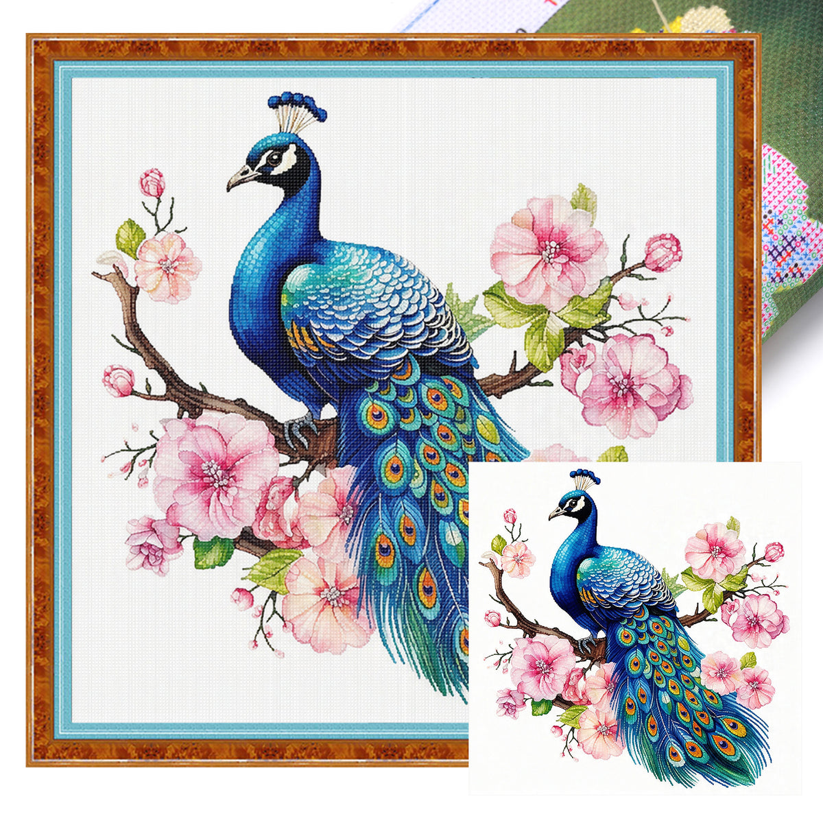 Pfau mit Blumenzweigen - Vollständiges 14CT Stempel-Kreuzstich-Set 30x30CM - Huacan