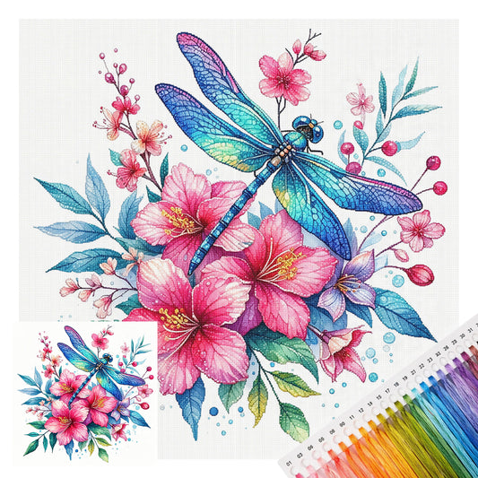 Bunte Libelle neben Blumen – vollständiges 14CT gestempeltes Kreuzstich-Set 30x30 cm – Huacan