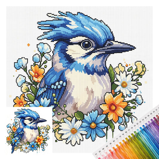Blue Jay Among Flowers - Full 14CT Stamped Cross Stitch 30x30CM - Huacan